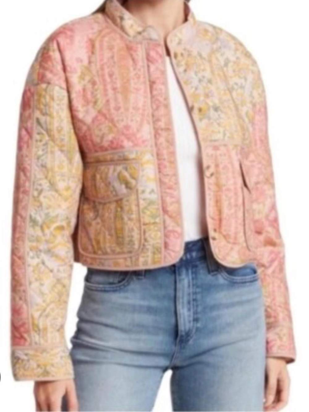 7 For All Mankind Pink and Gold Floral Cropped Quilted Bomber Jacket - Picture 5 of 6